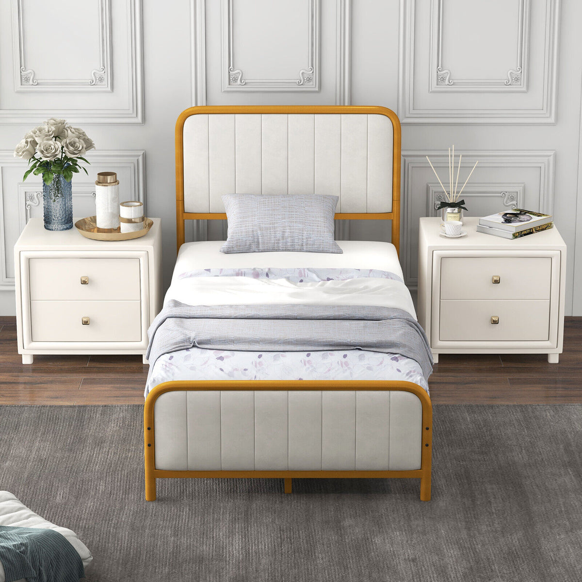 Upholstered Gold Platform Bed Frame with Velvet Headboard-Simple Bed Frame-DECOROLALA