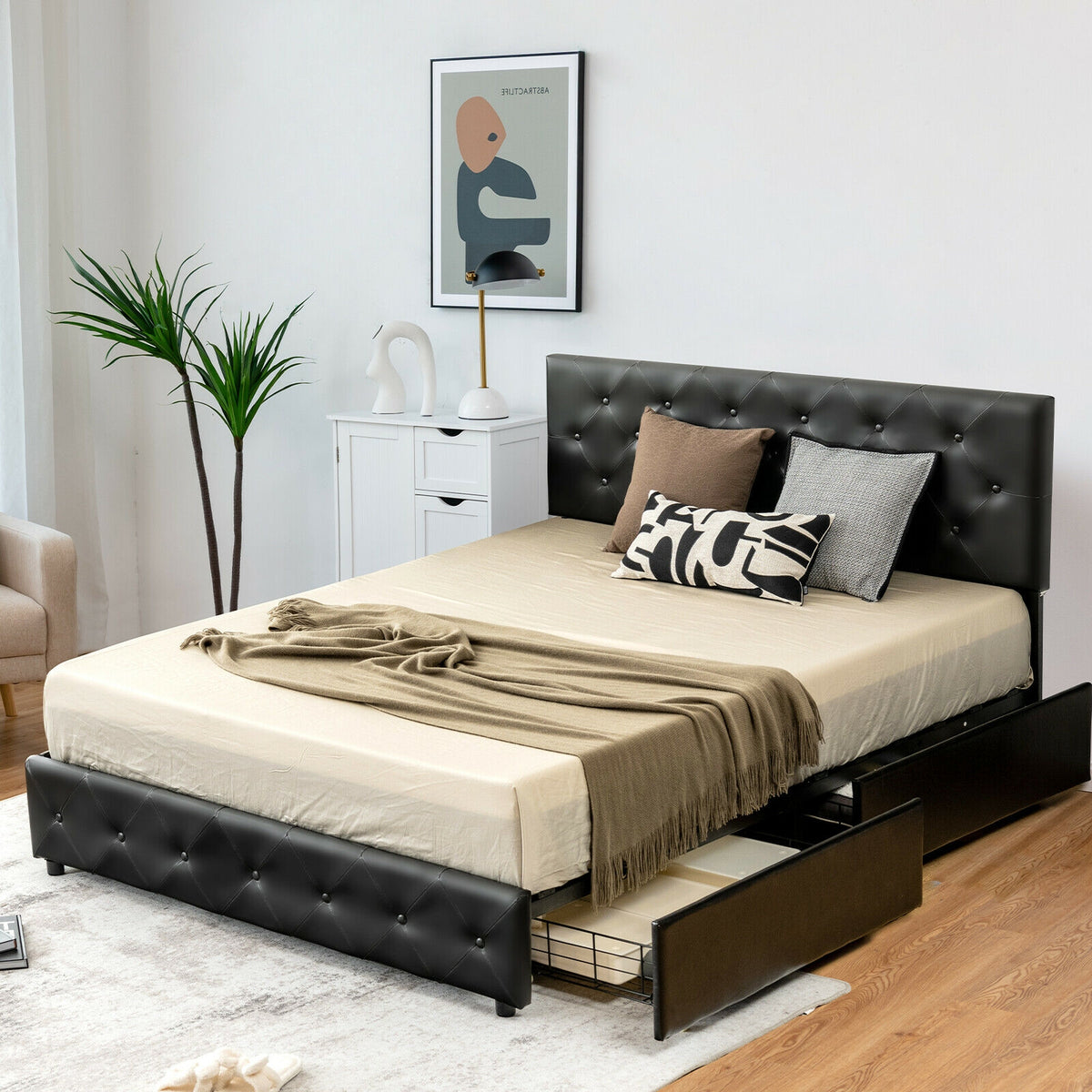 PU Leather Upholstered Platform Bed with 4 Drawers-Simple Bed Frame-DECOROLALA