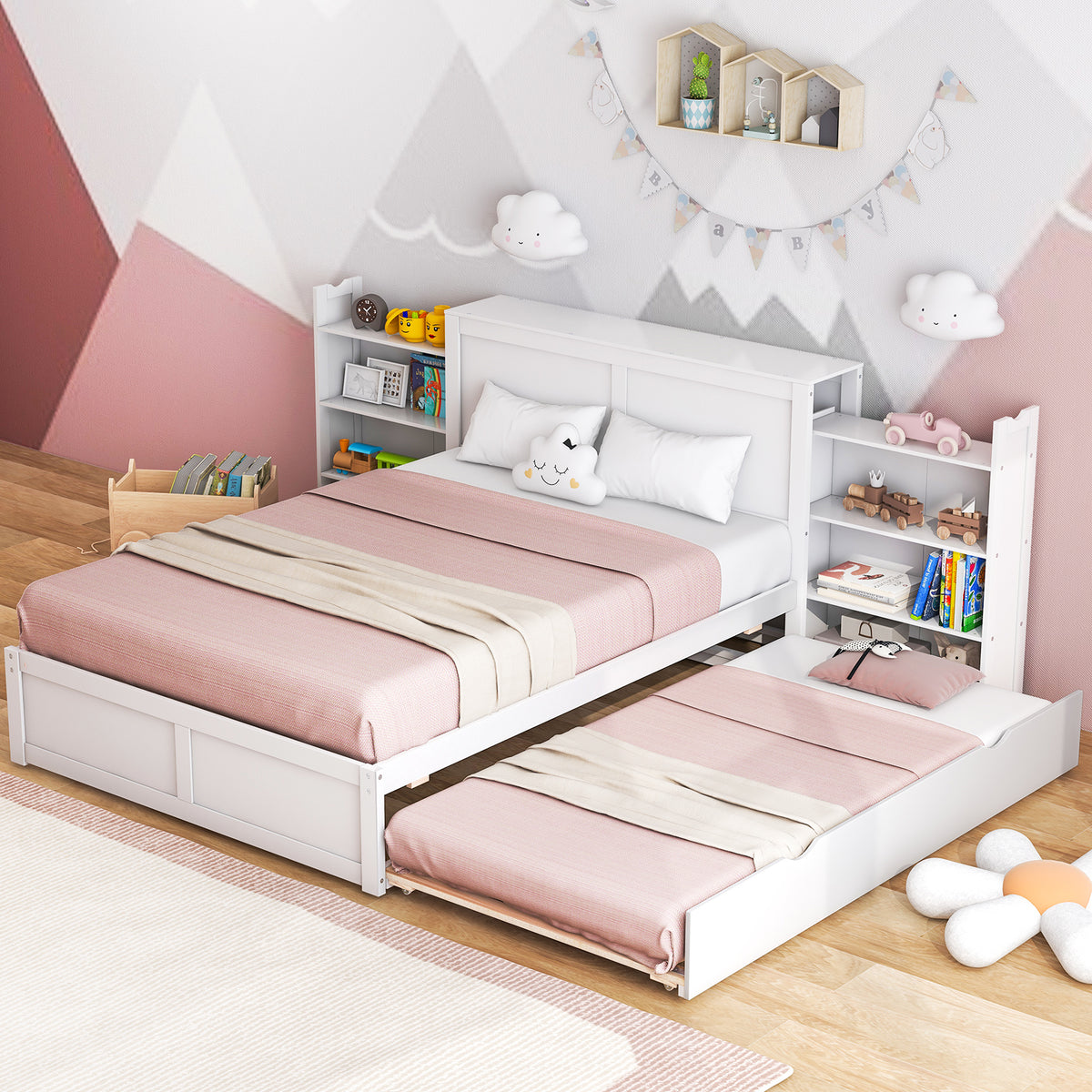 Kids Wooden Platform Bed with Trundle Storage Headboard-Simple Bed Frame-DECOROLALA