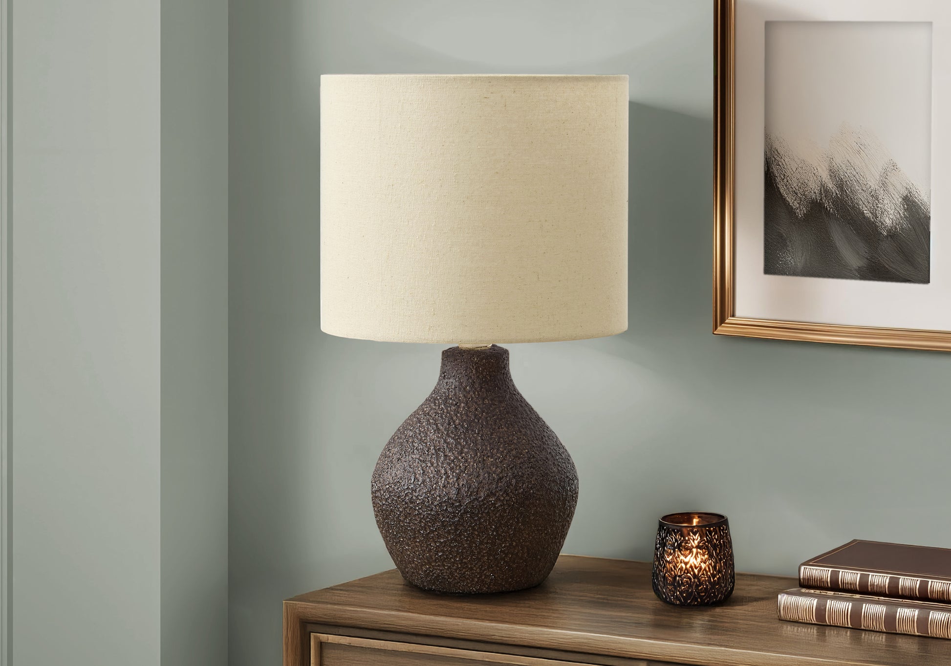 16"H Beige Resin Table Lamp with Linen Shade-Lighting-DECOROLALA