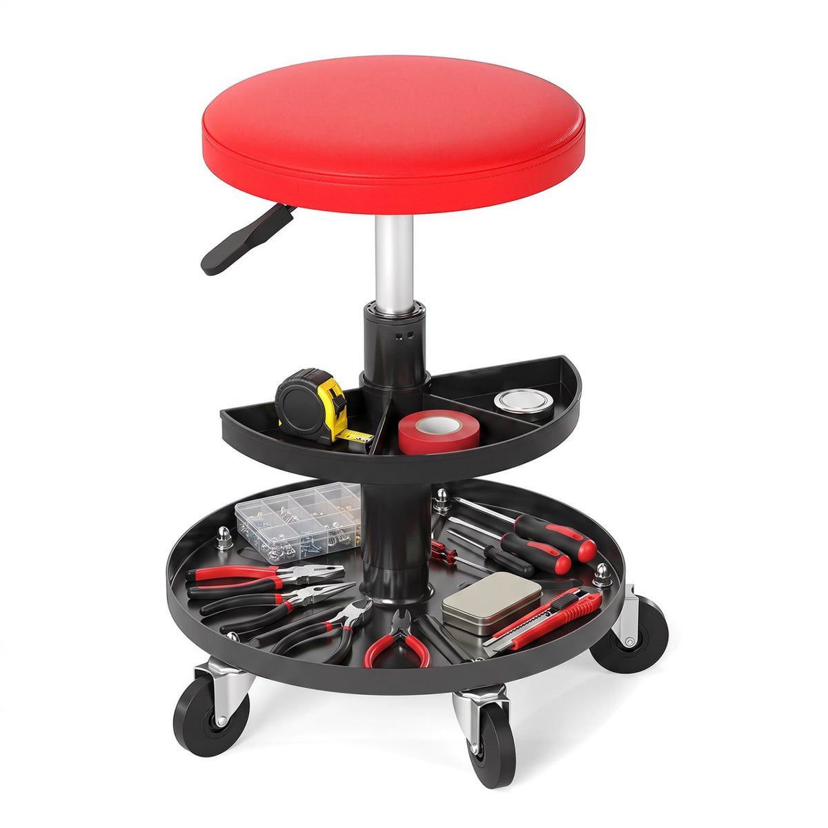 16.5"-22" Adjustable Height Seat Rolling Mechanic Stool with Wheels-Red-Office Chairs-DECOROLALA