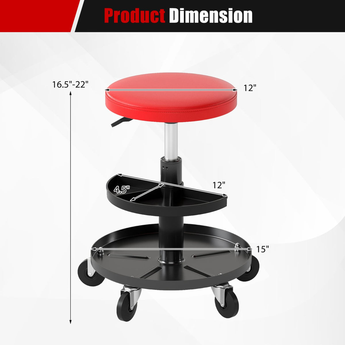 16.5"-22" Adjustable Height Seat Rolling Mechanic Stool with Wheels-Red-Office Chairs-DECOROLALA