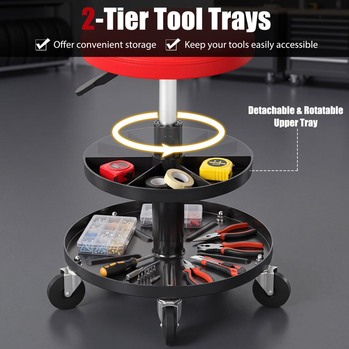 16.5"-22" Adjustable Height Seat Rolling Mechanic Stool with Wheels-Red-Office Chairs-DECOROLALA