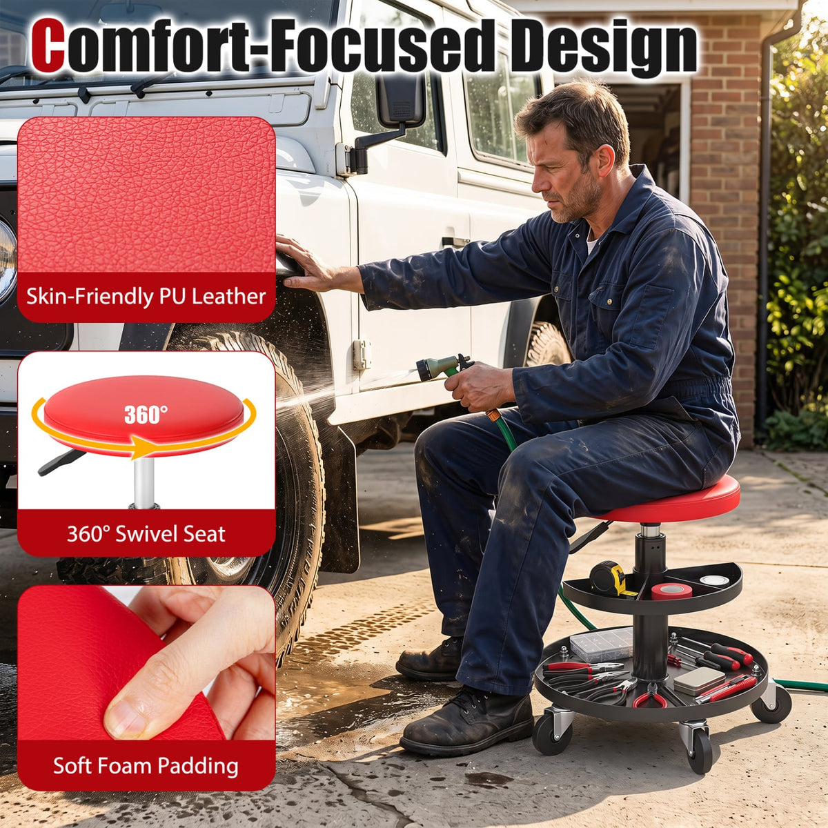 16.5"-22" Adjustable Height Seat Rolling Mechanic Stool with Wheels-Red-Office Chairs-DECOROLALA