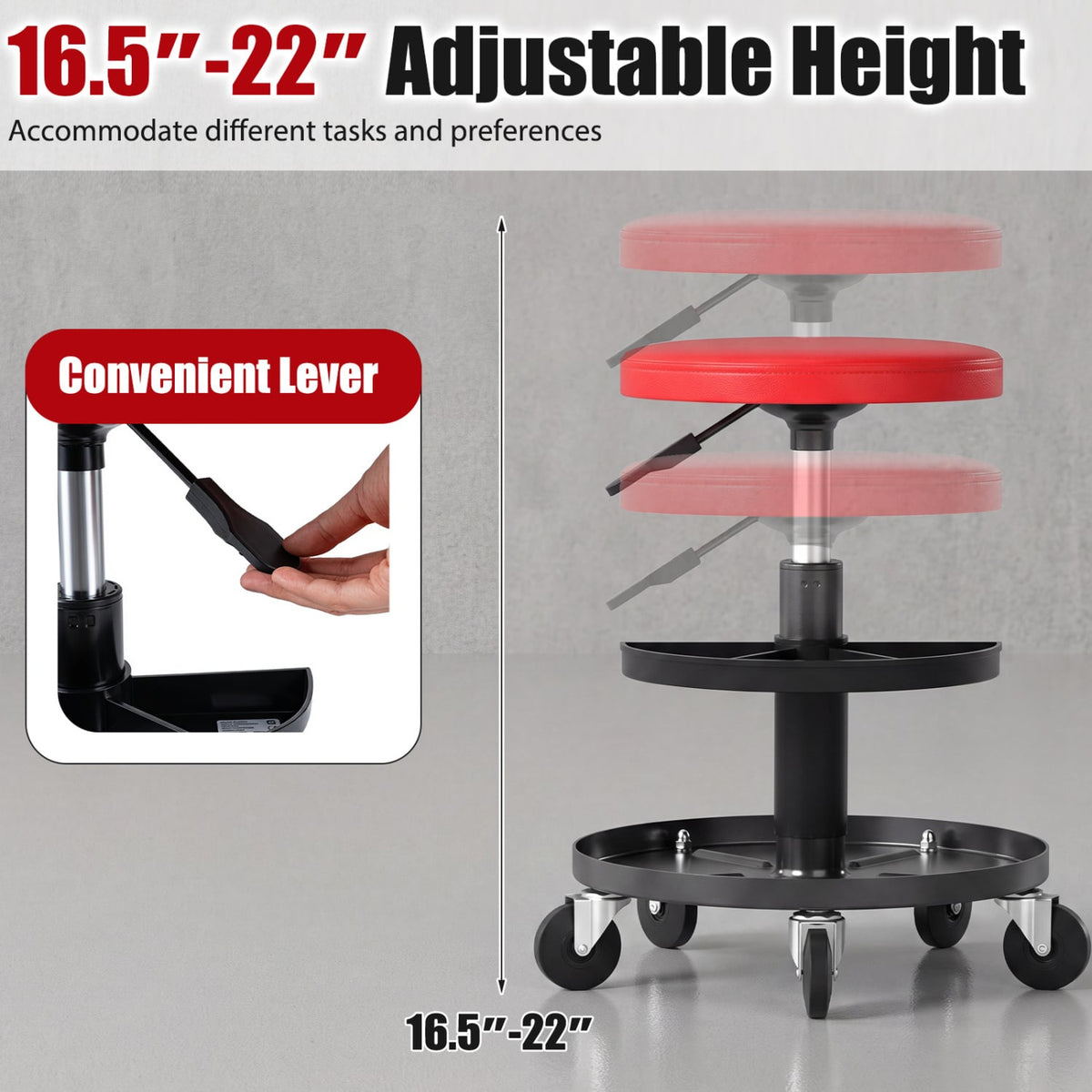 16.5"-22" Adjustable Height Seat Rolling Mechanic Stool with Wheels-Red-Office Chairs-DECOROLALA