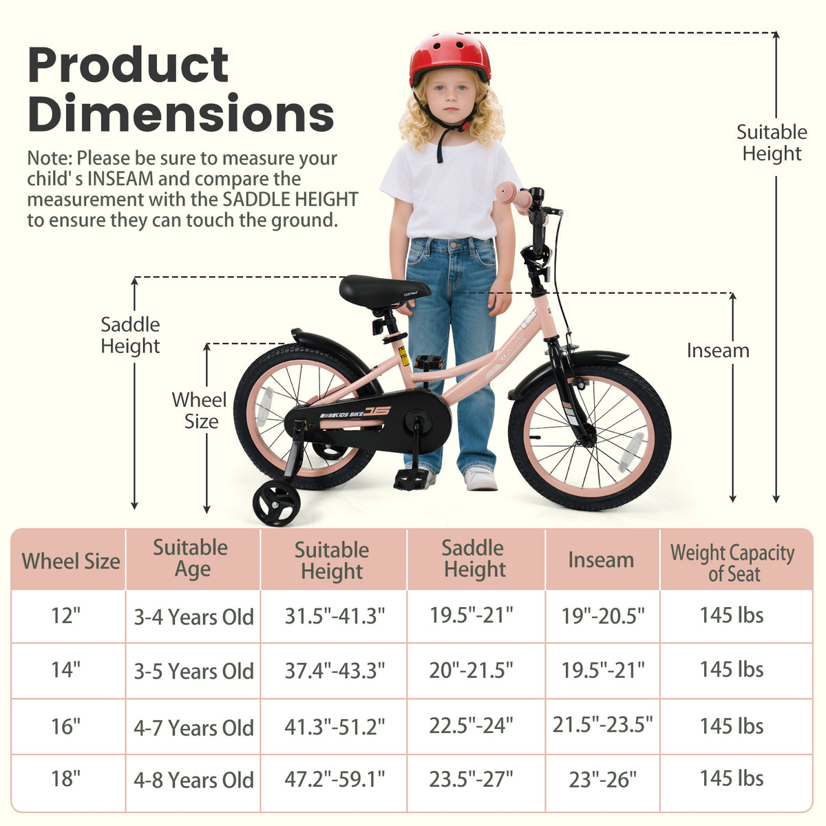 Kids Bike Adjustable with Removable Training Wheels for 3-8 Years Old