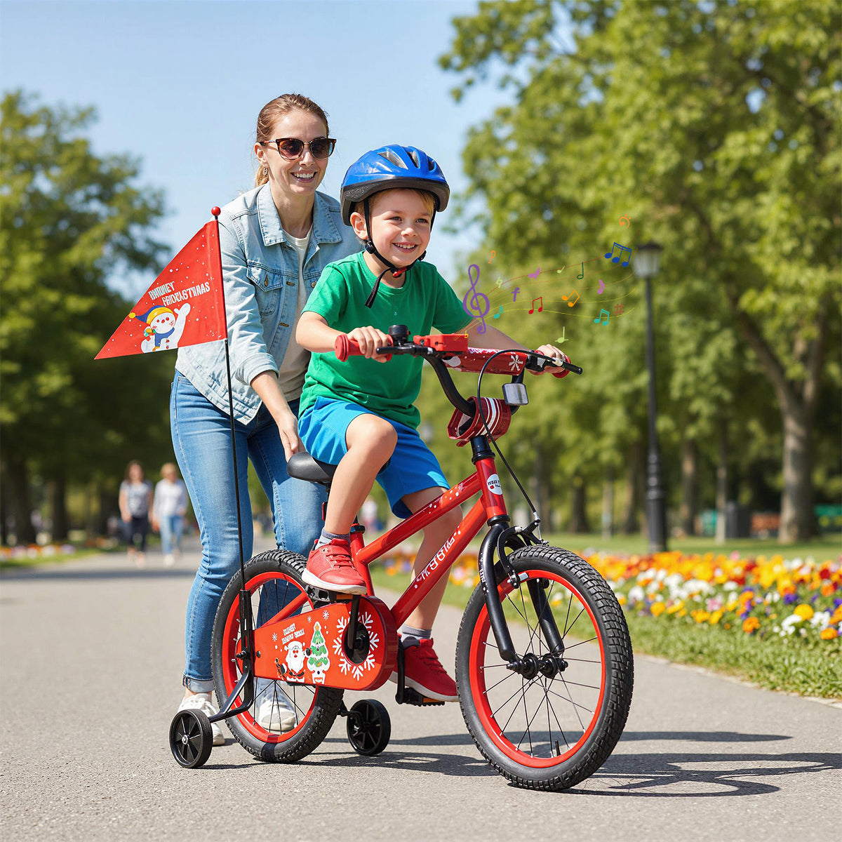 Kids Bike Adjustable with Christmas Music & Flag for Aged 3-5 Years Old