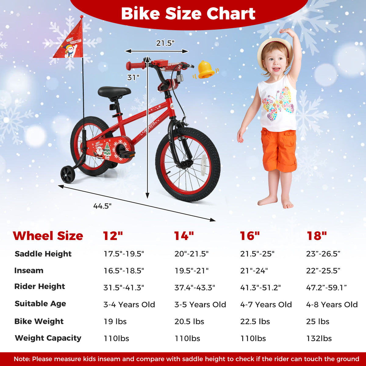 Kids Bike Adjustable with Christmas Music & Flag for Aged 3-5 Years Old