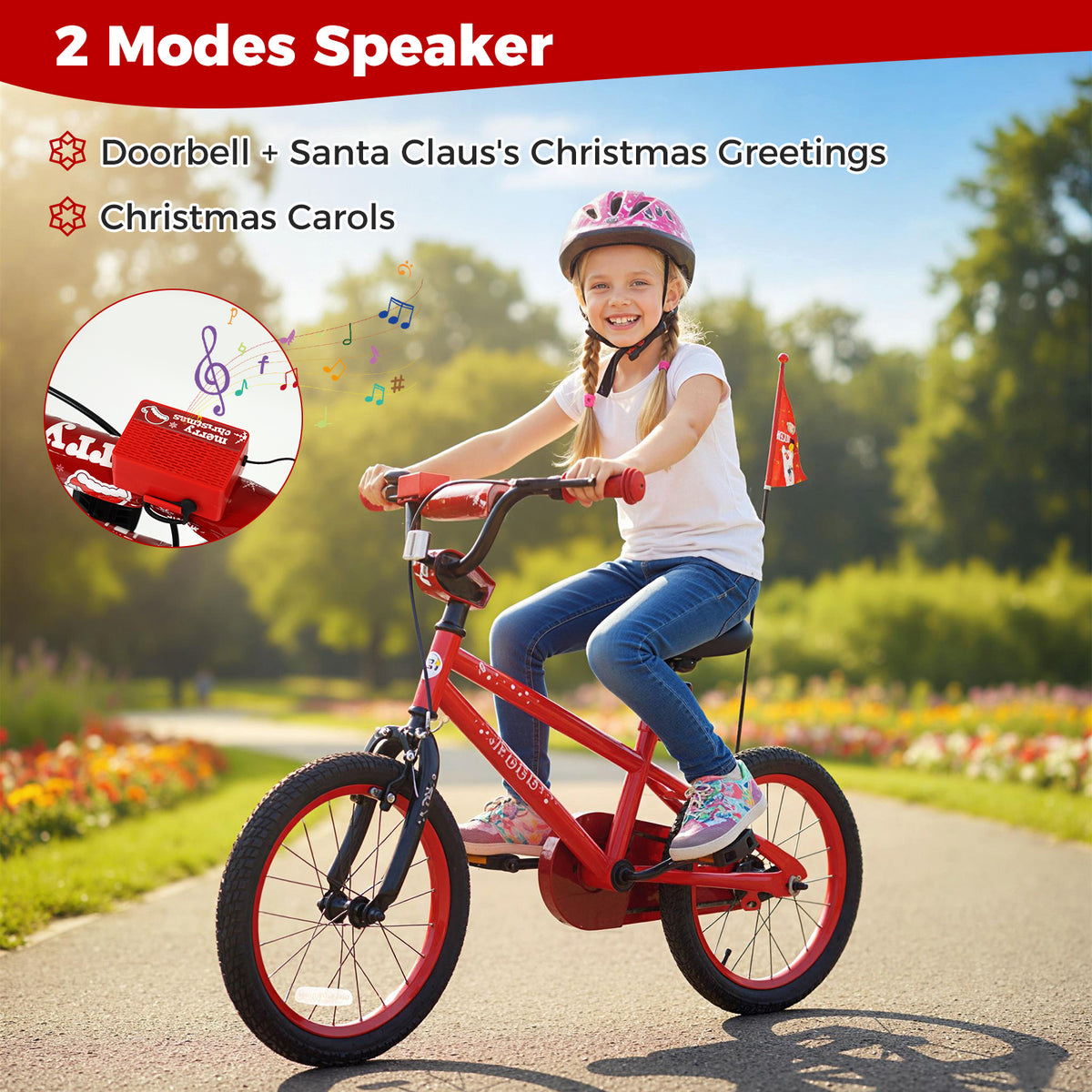 Kids Bike Adjustable with Christmas Music & Flag for Aged 3-5 Years Old