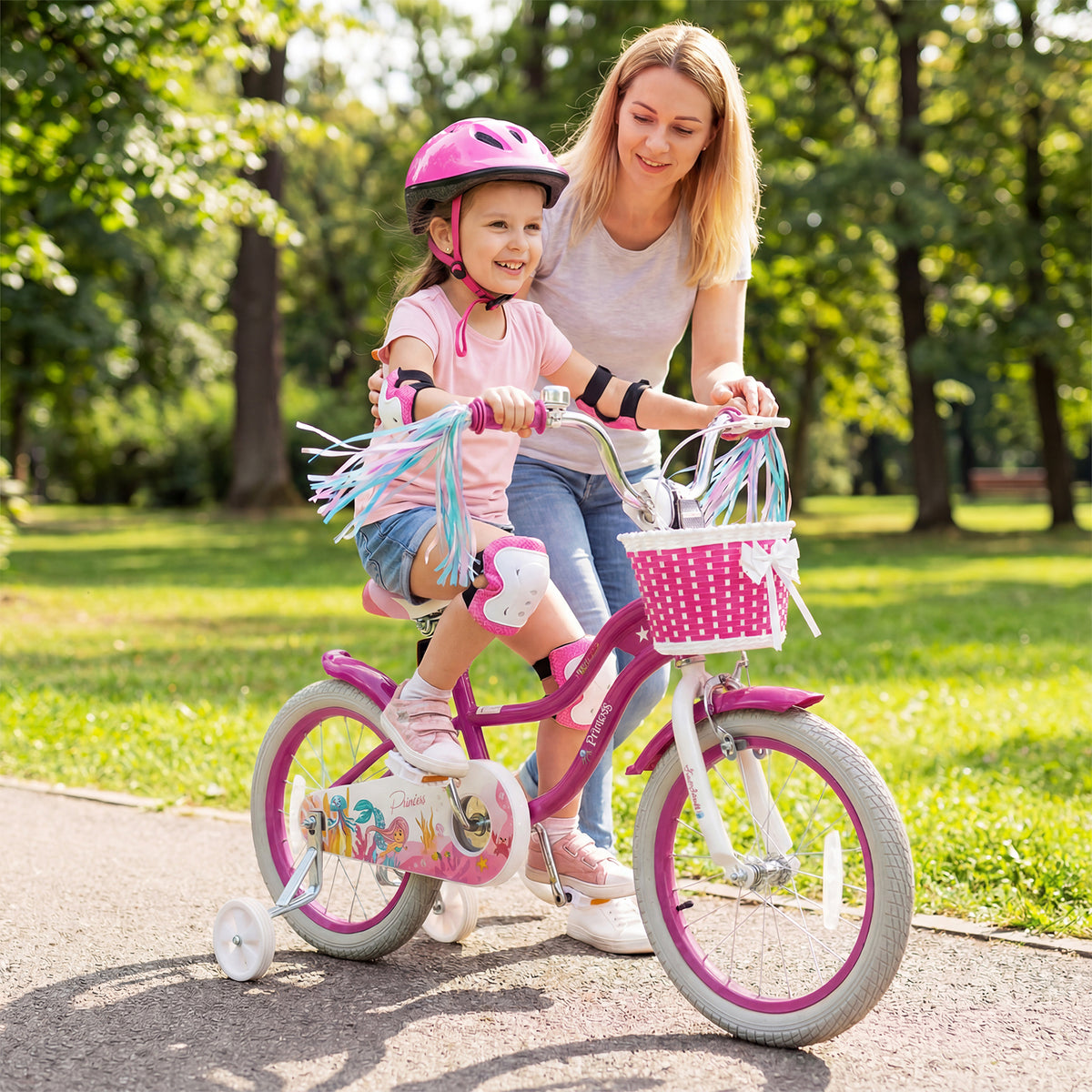 Kids Bike Adjustable with Basket and Streamers - Princess of the Sea Theme