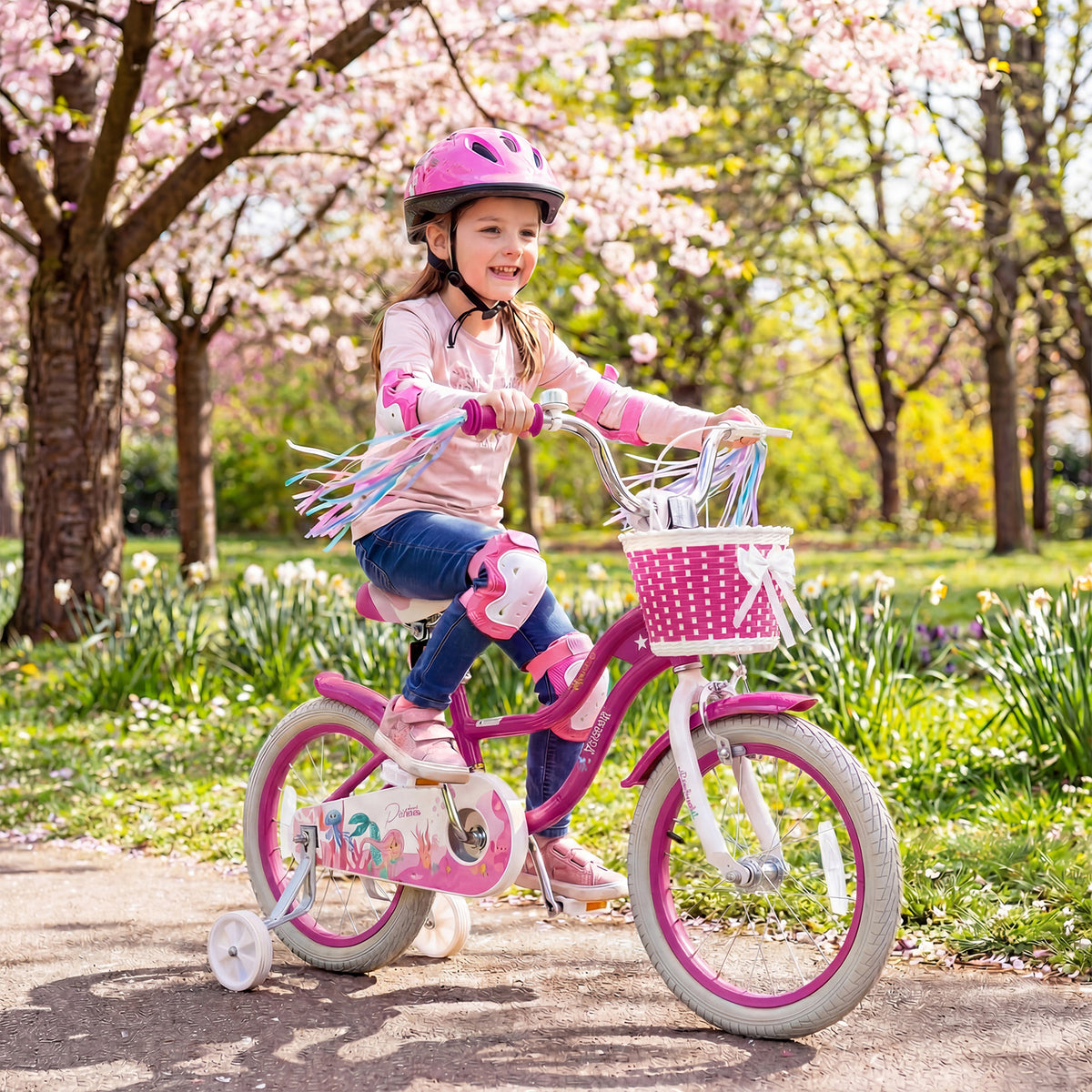 Kids Bike Adjustable with Basket and Streamers - Princess of the Sea Theme