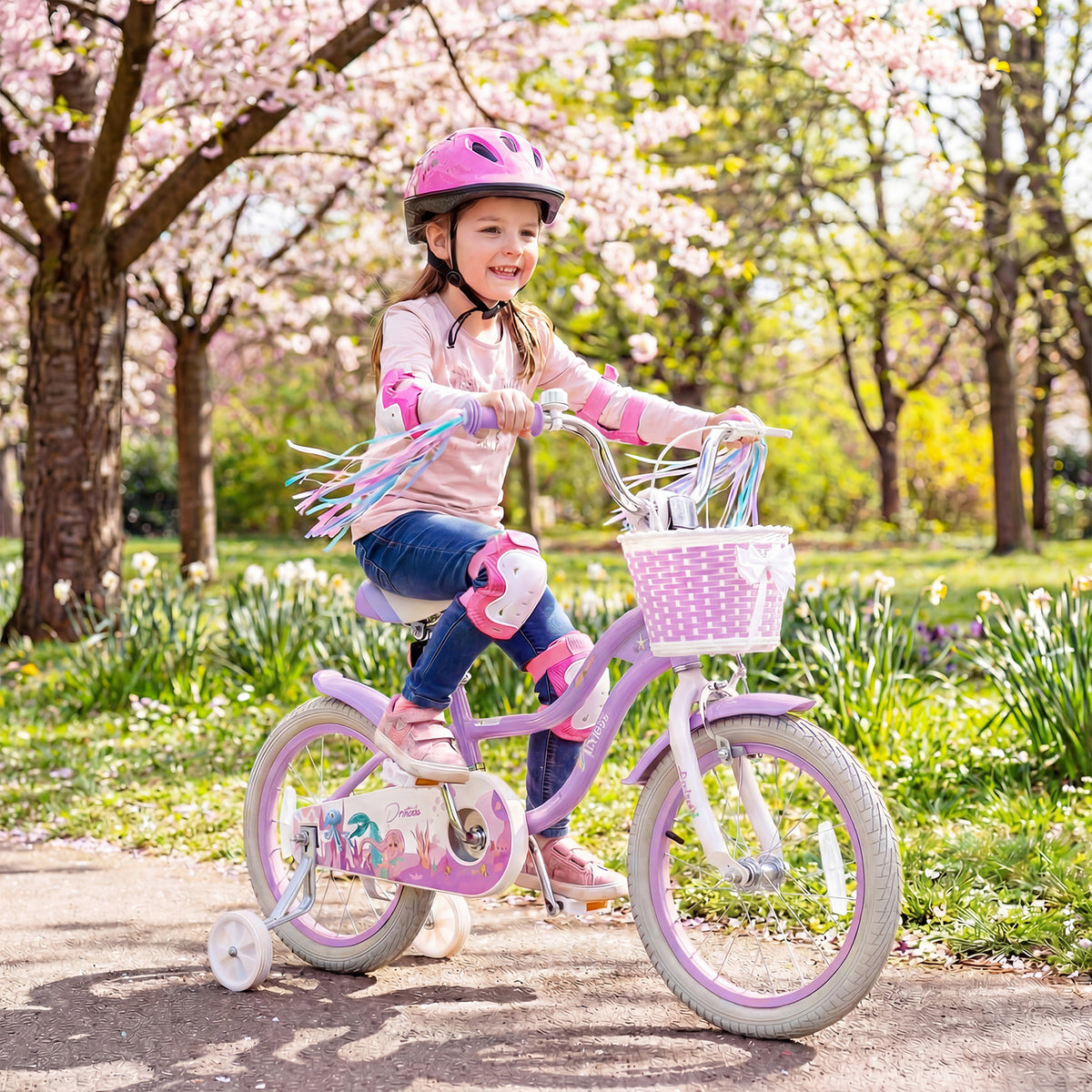 Vélo pour enfant réglable avec panier et rubans - Thème Princesse de la mer