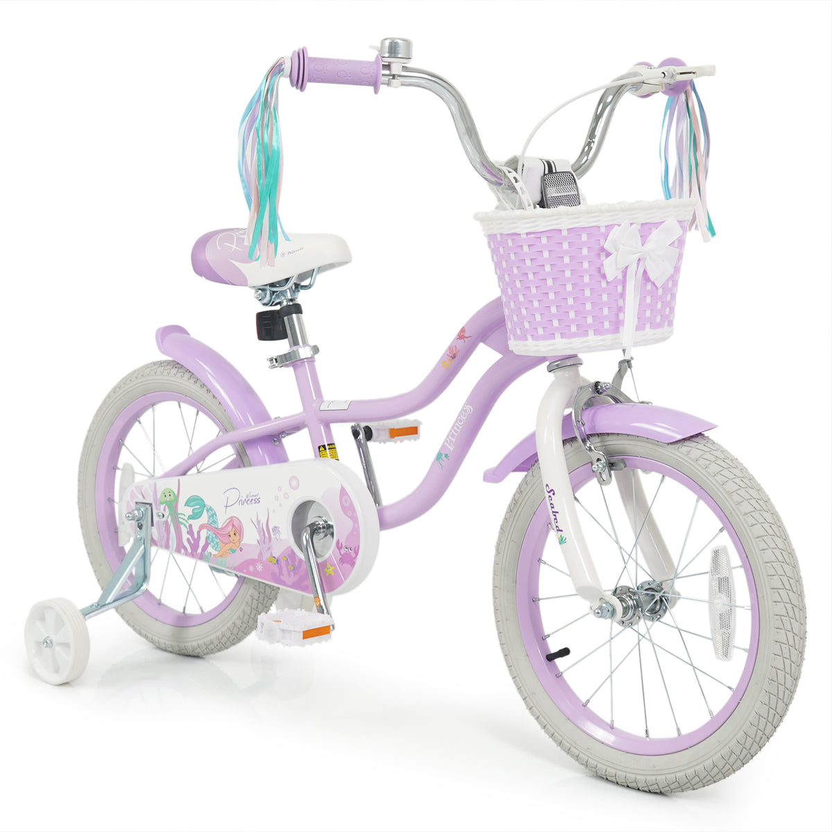 Vélo pour enfant réglable avec panier et rubans - Thème Princesse de la mer