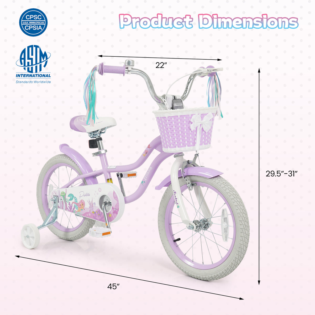 Vélo pour enfant réglable avec panier et rubans - Thème Princesse de la mer