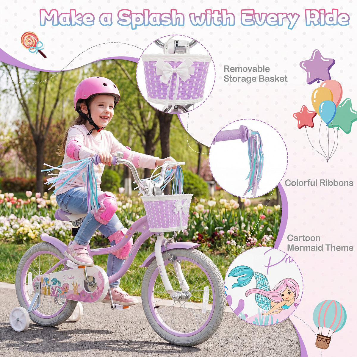 Vélo pour enfant réglable avec panier et rubans - Thème Princesse de la mer