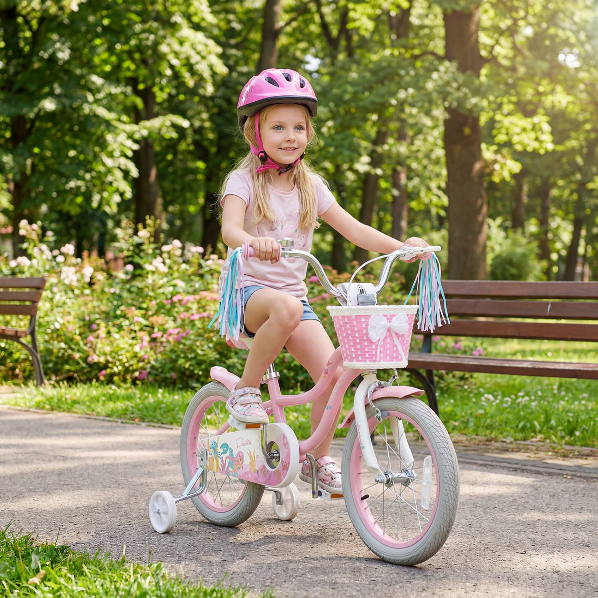 Kids Bike Adjustable with Basket and Streamers for Girls Aged 3-4 Years Old
