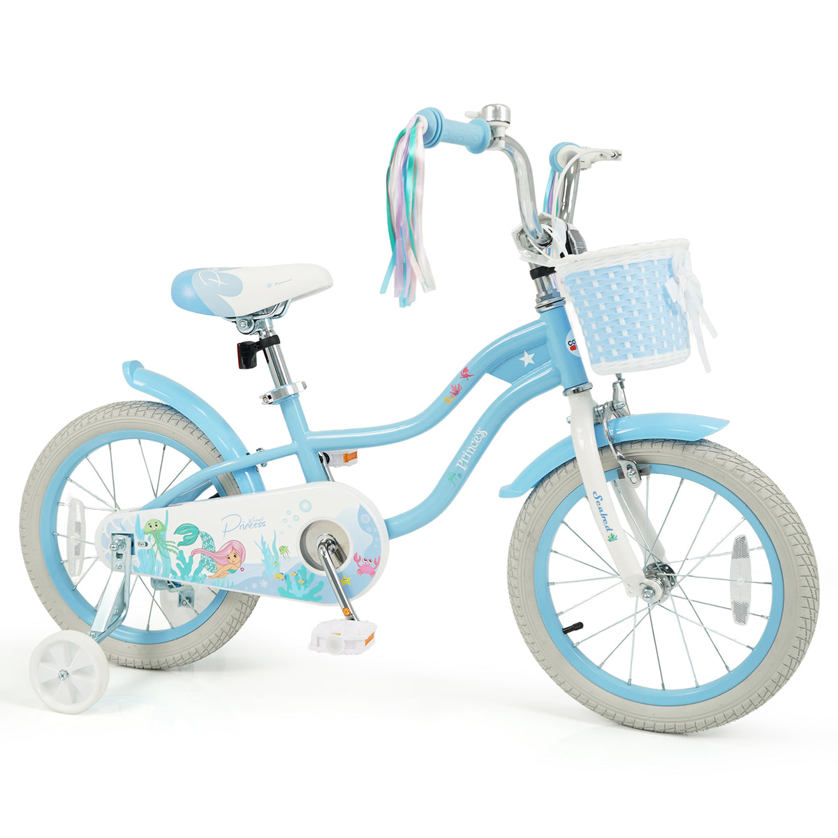 Vélo pour enfants réglable avec panier et serpentins pour enfants de 3 à 5 ans - Thème Princesse de la mer