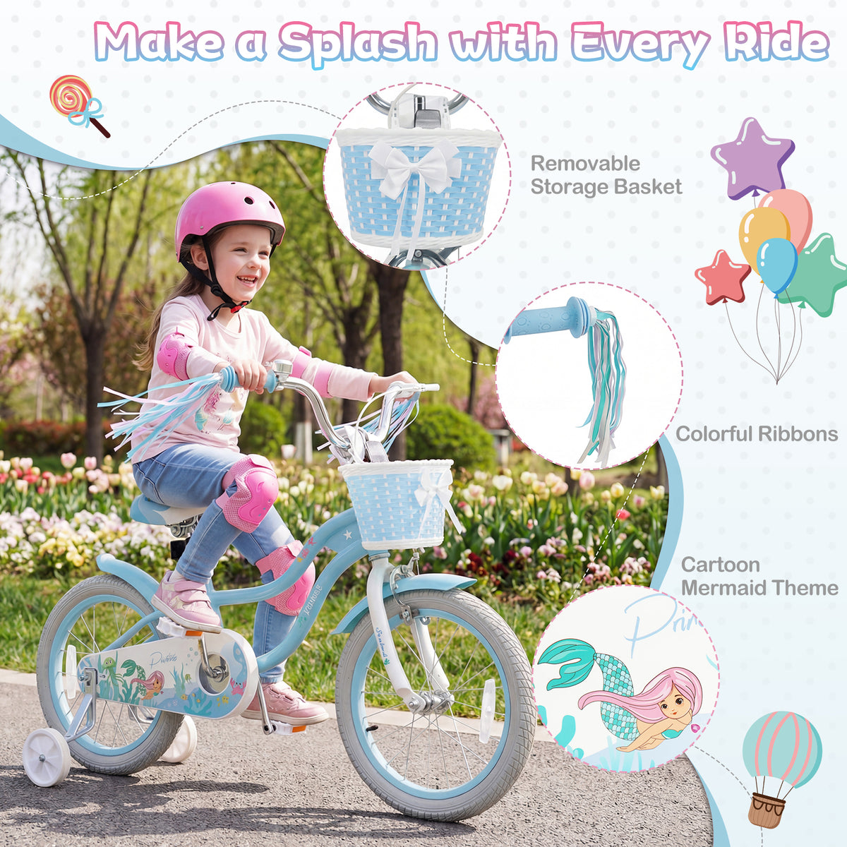 Vélo pour enfants réglable avec panier et serpentins pour enfants de 3 à 5 ans - Thème Princesse de la mer