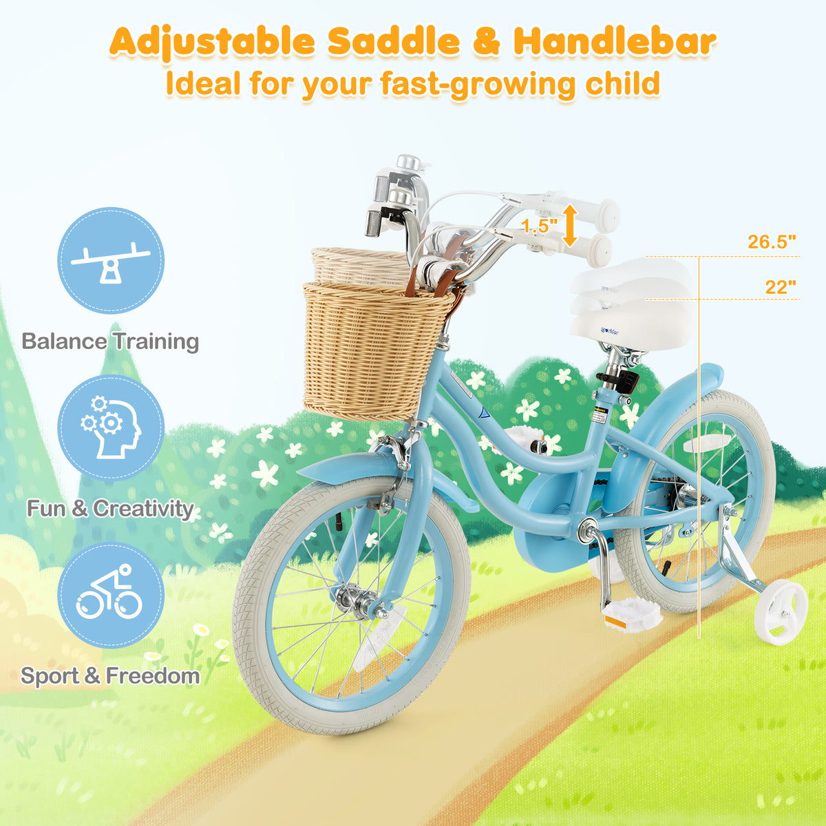 Kids Bike with Training Wheels and Adjustable Handlebar Seat