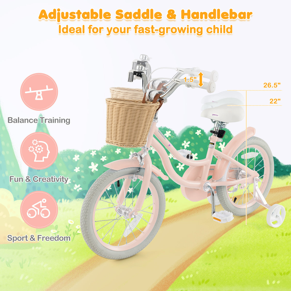 Kids Bike with Training Wheels and Adjustable Handlebar Seat