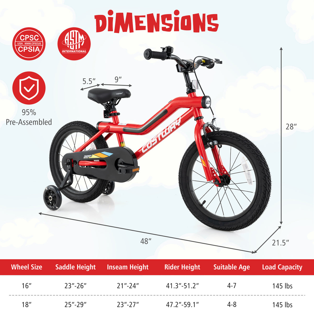 Patented Kids Bike with LED Lights Adjustable Carbon Steel Bicycle for 4-8 Years Old