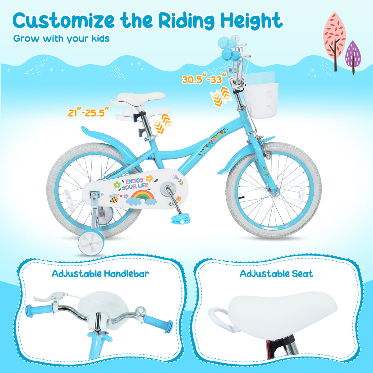 Vélo pour filles de 3 à 4 ans avec roues stabilisatrices et panier - Fête du printemps