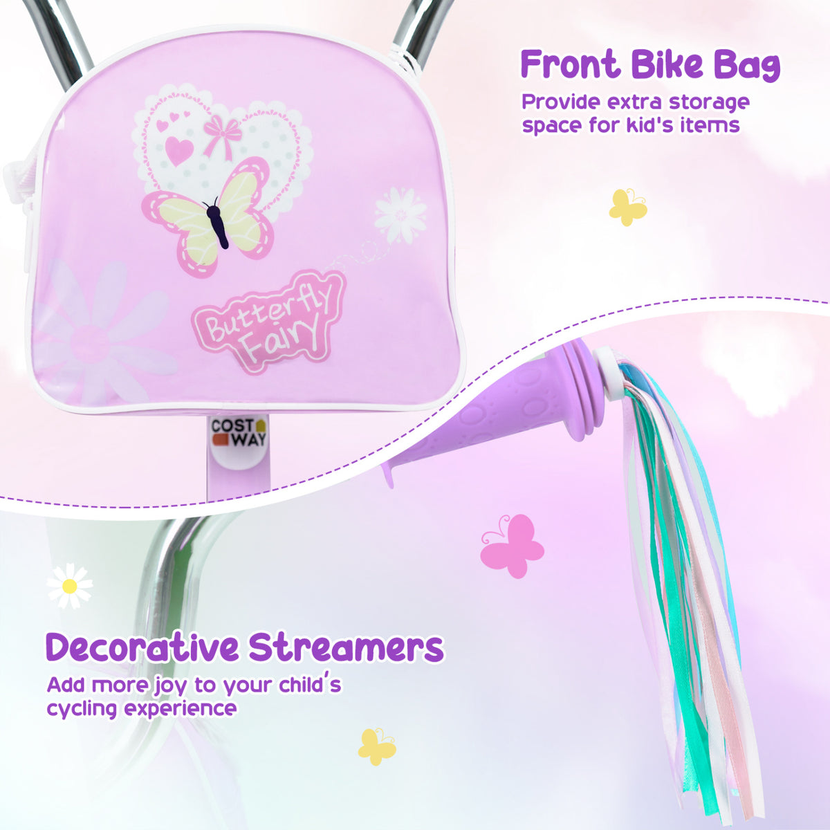 Girls Bike with Front Bag and Streamers for 3-4 Years