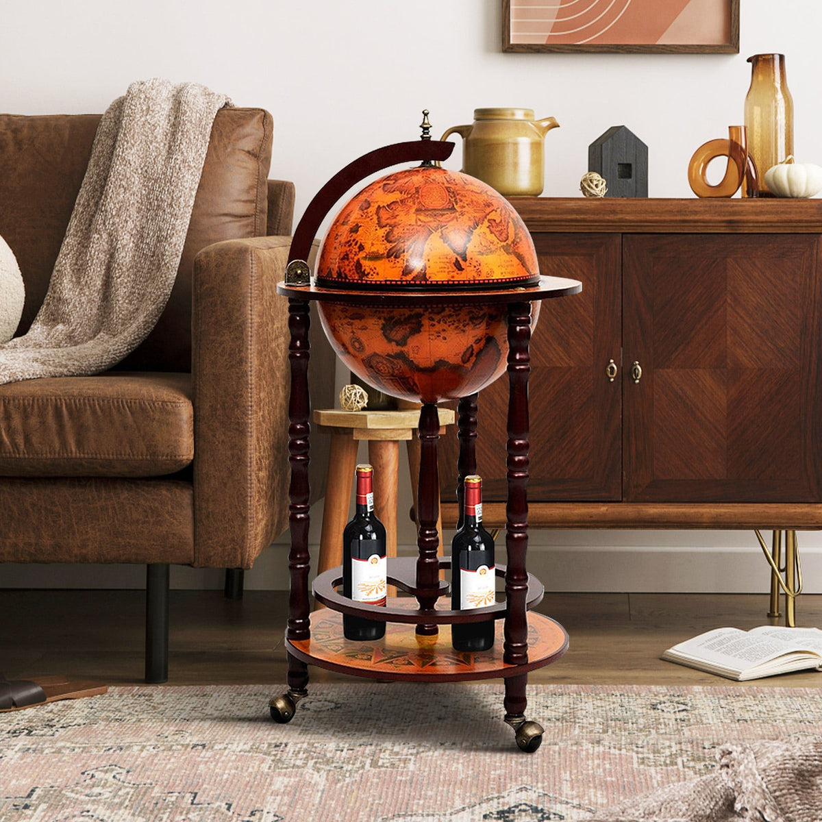 16th Century Wood Globe Wine Bar Stand-Wine Racks-DECOROLALA