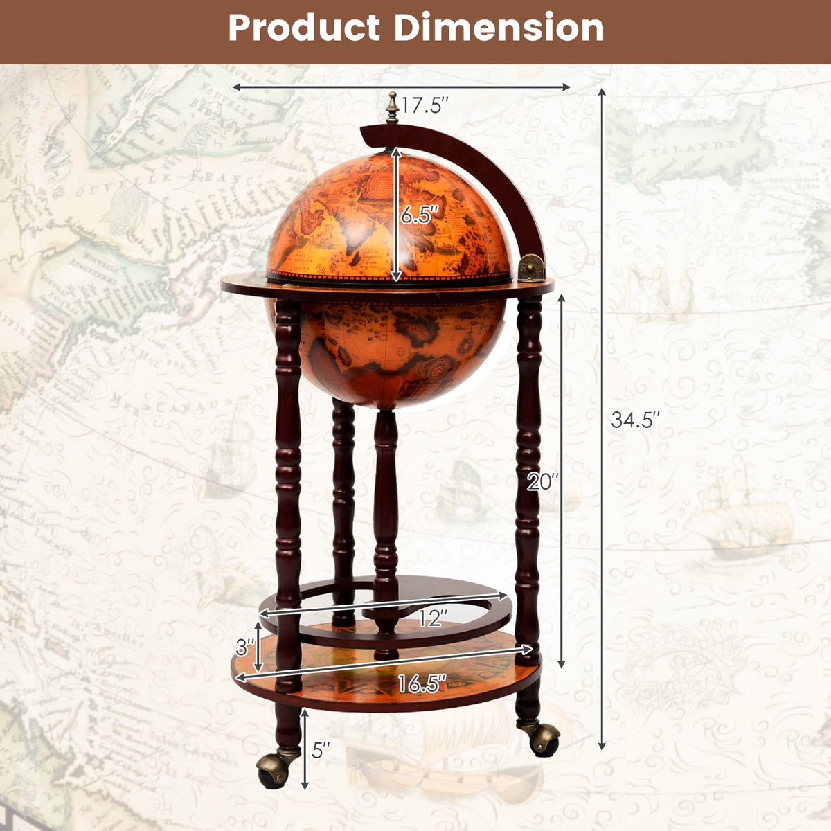 16th Century Wood Globe Wine Bar Stand-Wine Racks-DECOROLALA