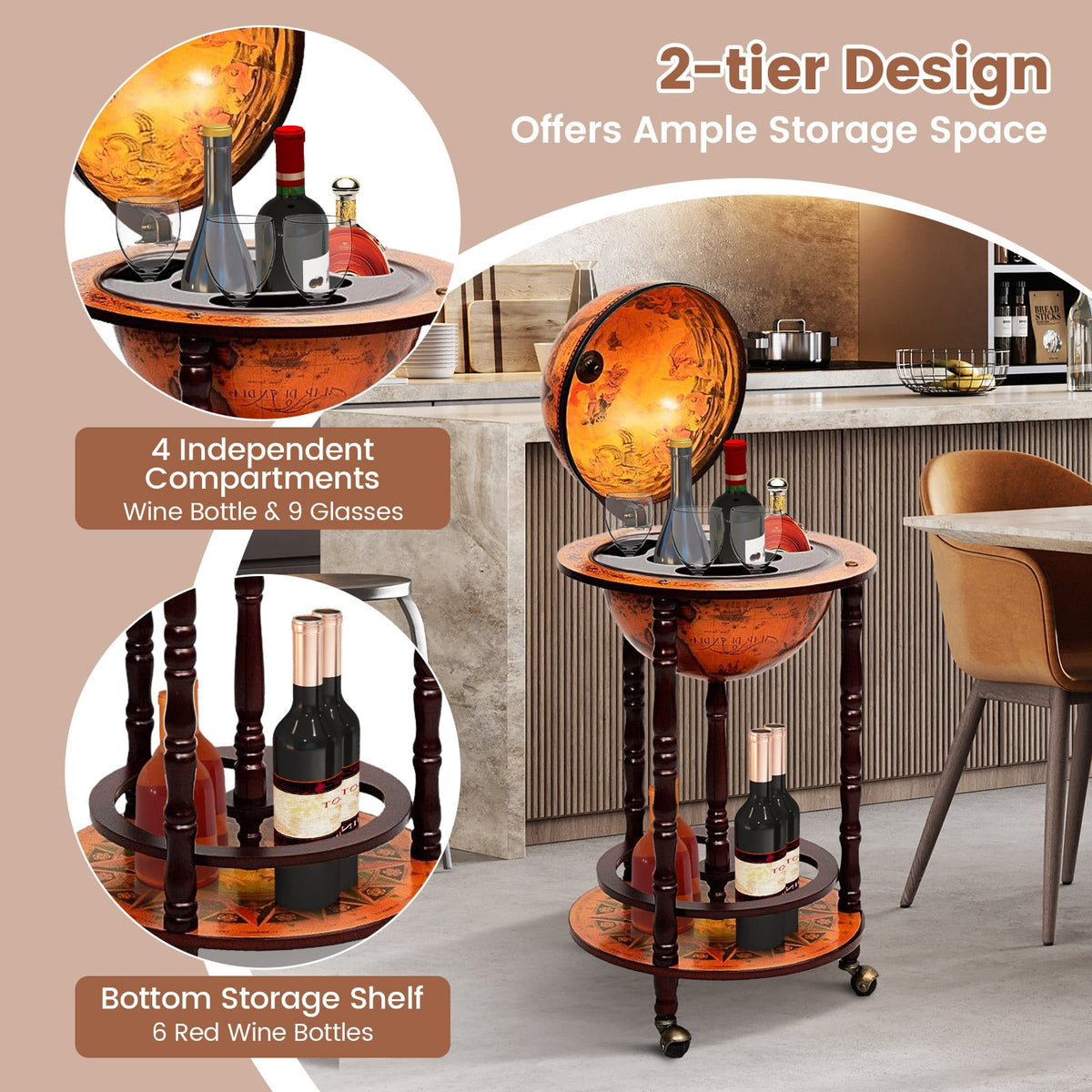 16th Century Wood Globe Wine Bar Stand-Wine Racks-DECOROLALA