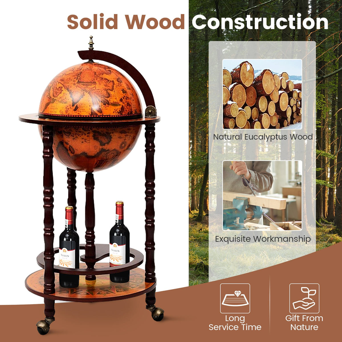 16th Century Wood Globe Wine Bar Stand-Wine Racks-DECOROLALA