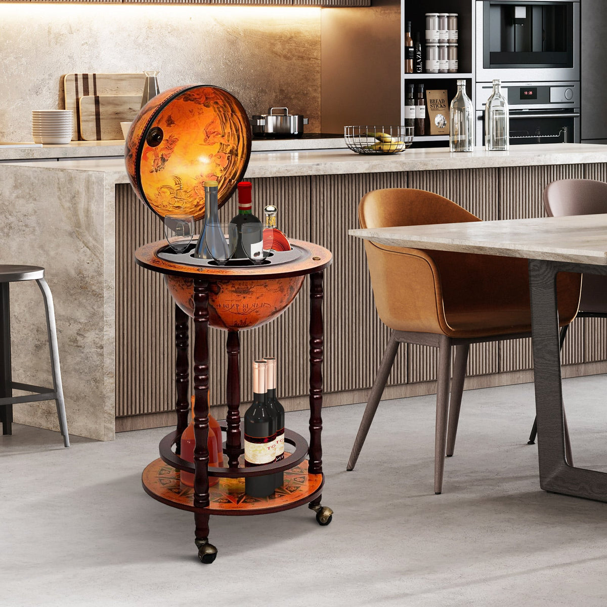 16th Century Wood Globe Wine Bar Stand-Wine Racks-DECOROLALA