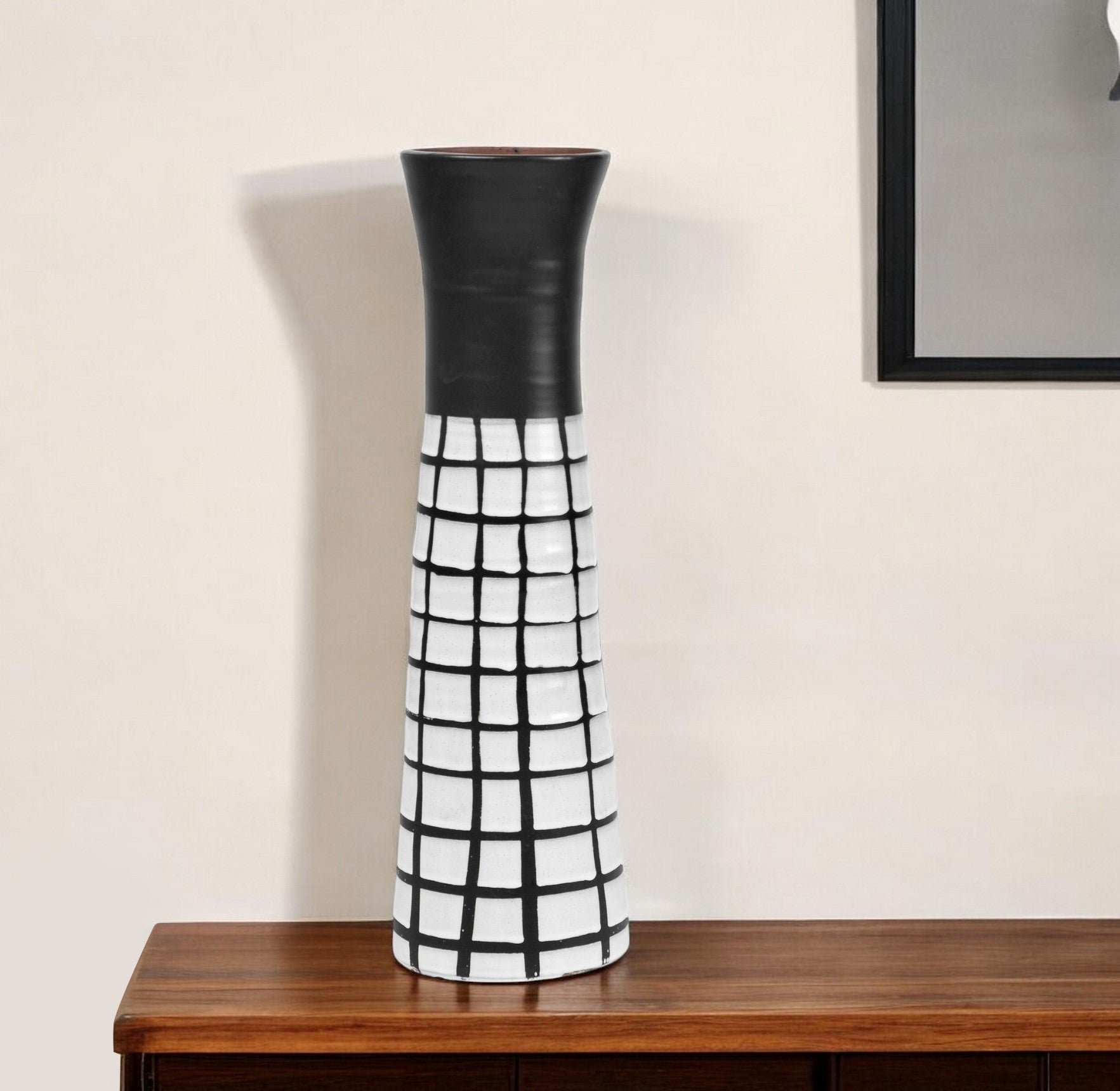 17" Black And White Abstract Cylinder Ceramic Table Vase-Vases-DECOROLALA