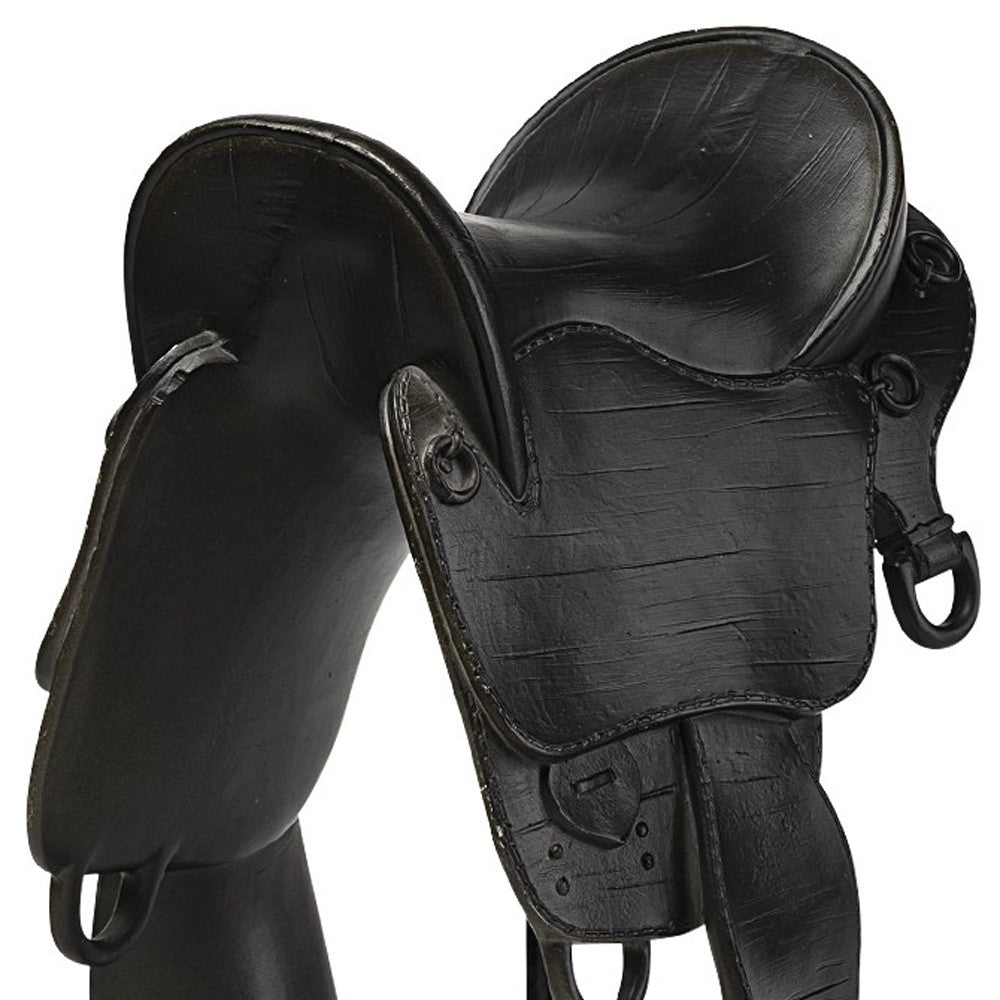 17" Black Metal And Resin English Horse Saddle Tabletop Sculpture-Sculptures-DECOROLALA