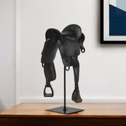 17" Black Metal And Resin English Horse Saddle Tabletop Sculpture-Sculptures-DECOROLALA