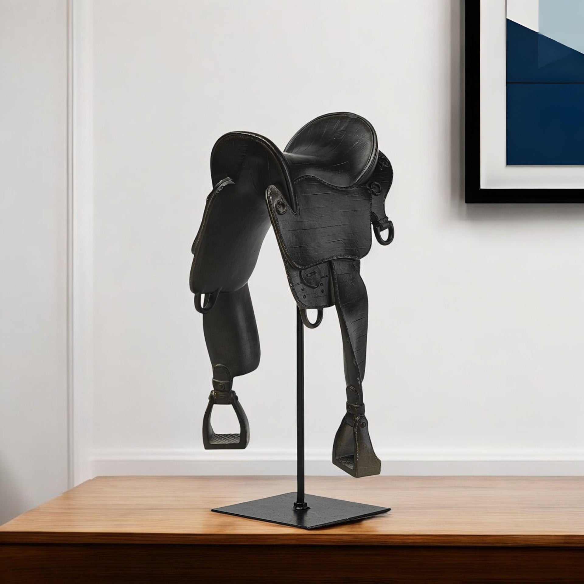 17" Black Metal And Resin English Horse Saddle Tabletop Sculpture-Sculptures-DECOROLALA