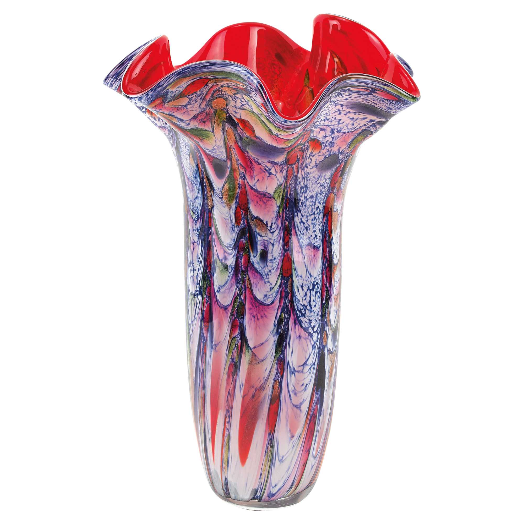 17" Blue Red And White Abstract Wavy Murano Glass Table Vase-Vases-DECOROLALA