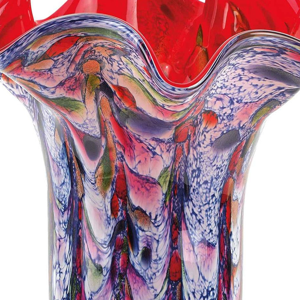 17" Blue Red And White Abstract Wavy Murano Glass Table Vase-Vases-DECOROLALA