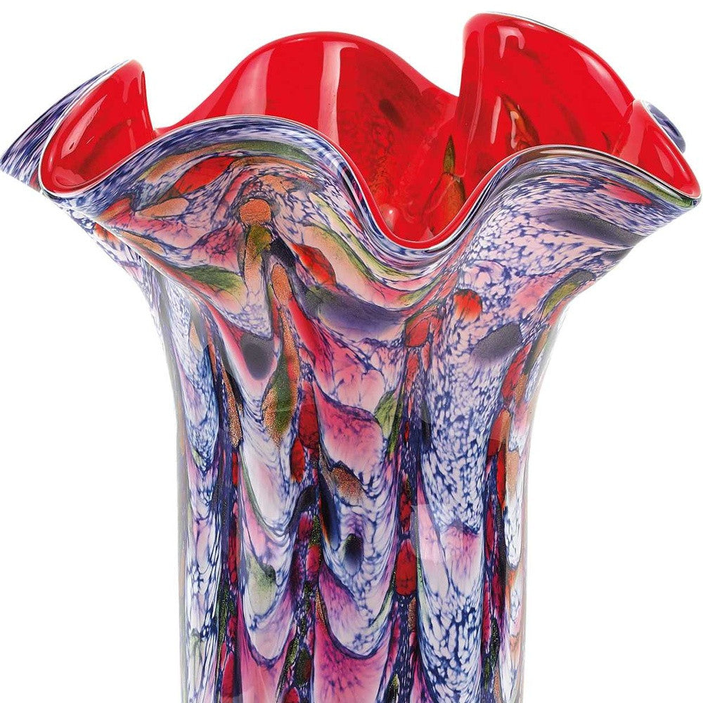 17" Blue Red And White Abstract Wavy Murano Glass Table Vase-Vases-DECOROLALA