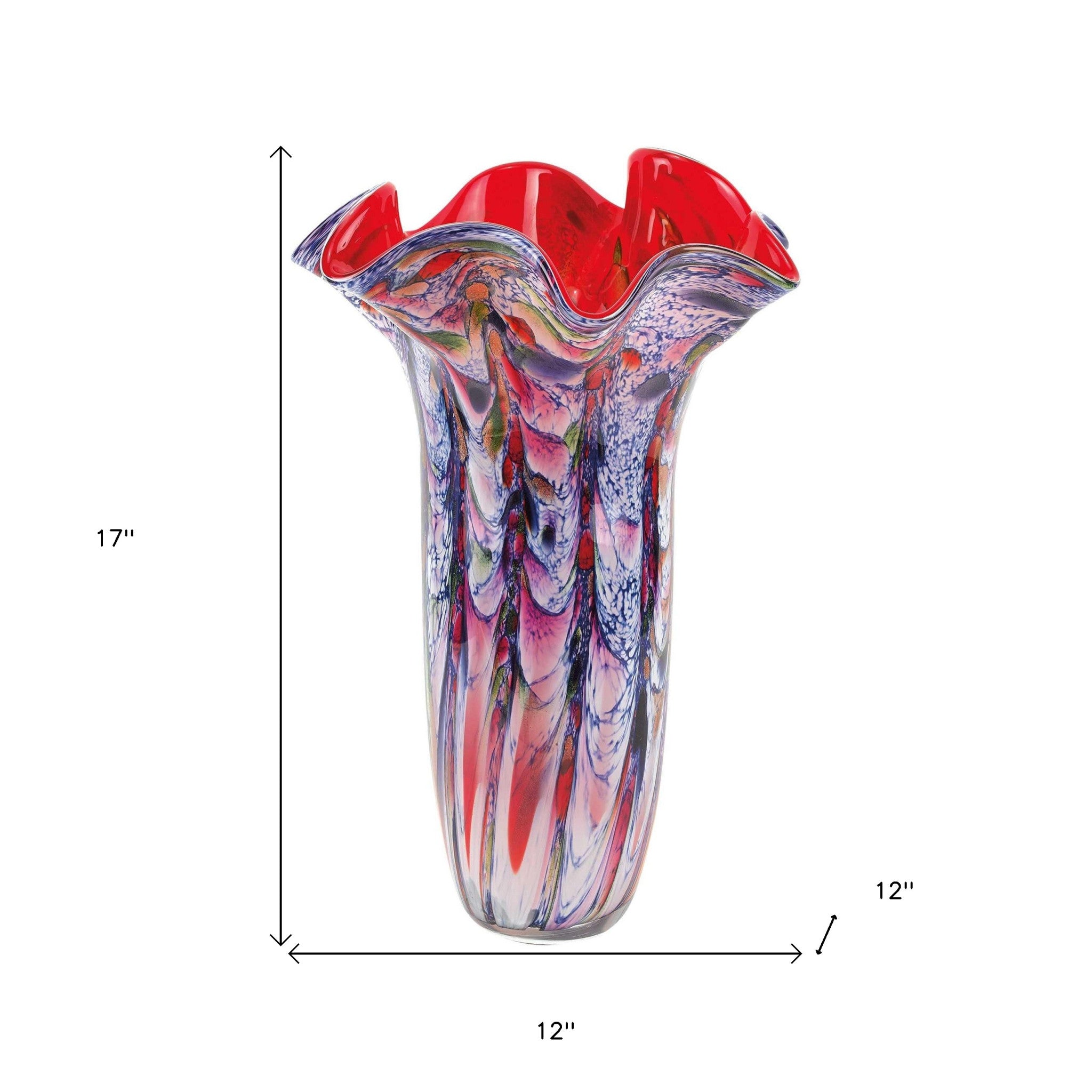 17" Blue Red And White Abstract Wavy Murano Glass Table Vase-Vases-DECOROLALA