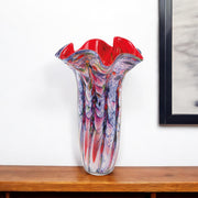 17" Blue Red And White Abstract Wavy Murano Glass Table Vase-Vases-DECOROLALA