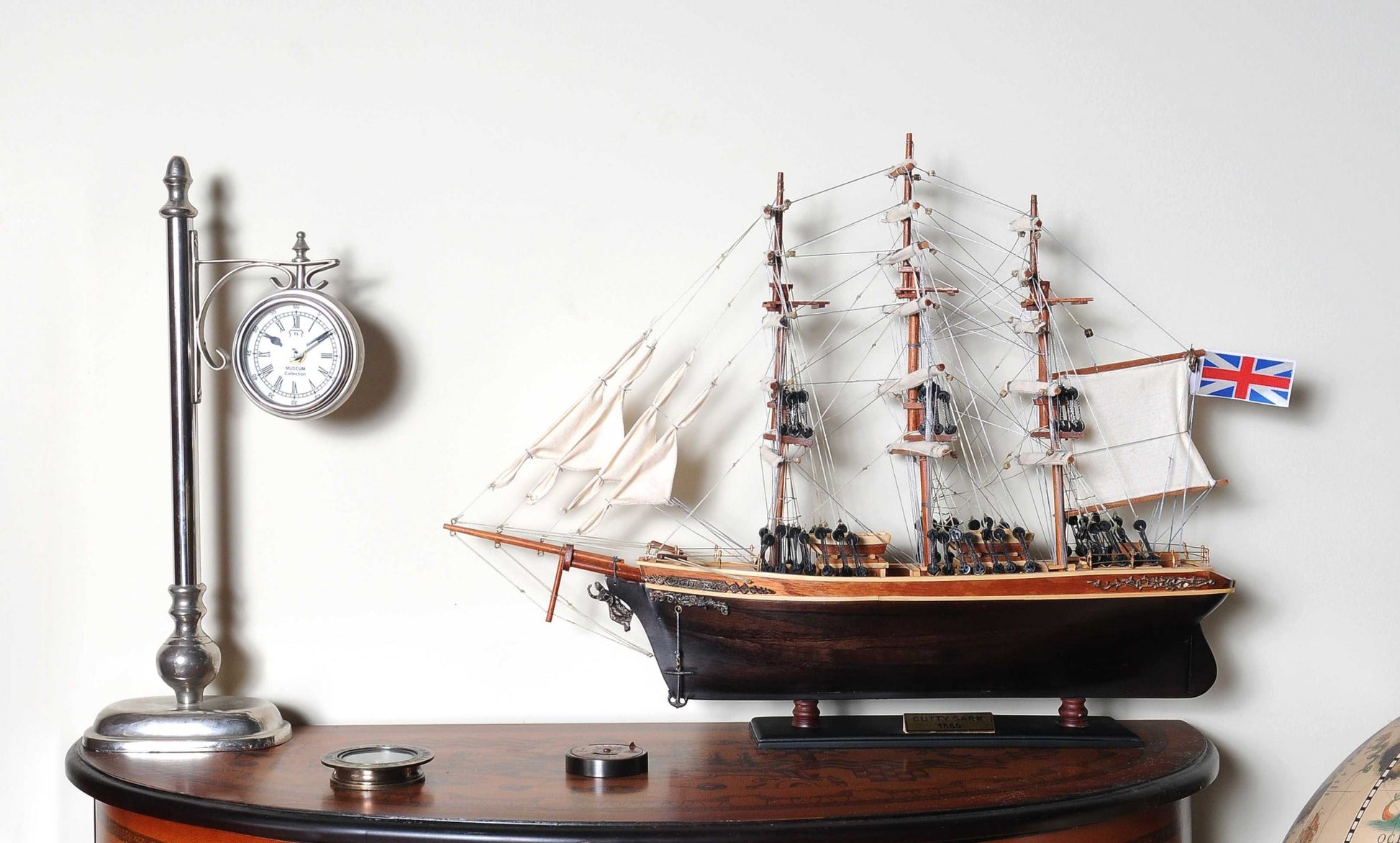 17" Brown Wood and Metal Hand Painted Cutty Sark Model Boat Tabletop Sculpture-Sculptures-DECOROLALA