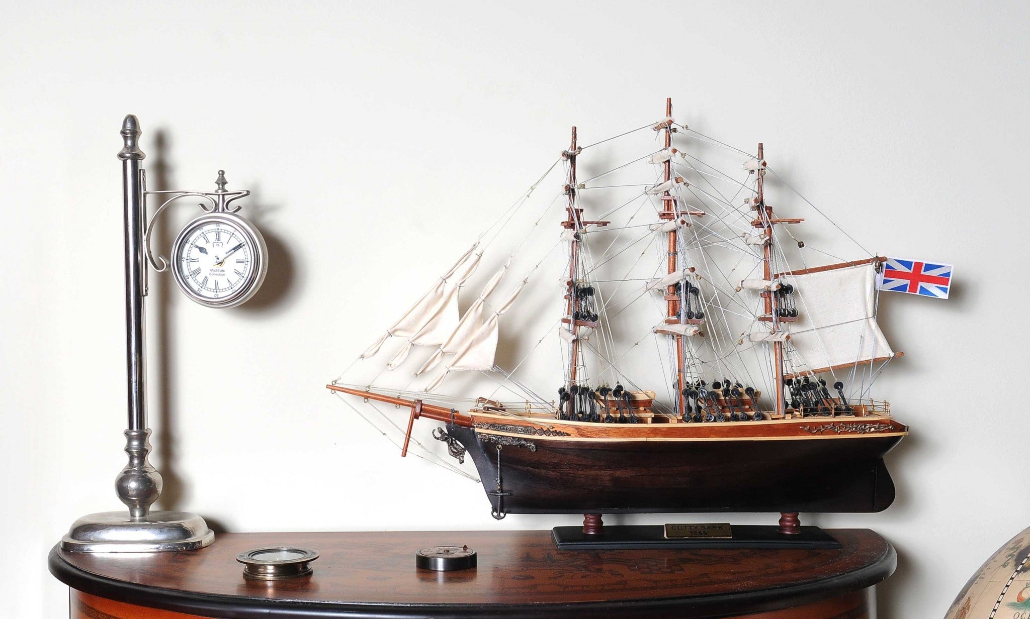 17" Brown Wood and Metal Hand Painted Cutty Sark Model Boat Tabletop Sculpture-Sculptures-DECOROLALA