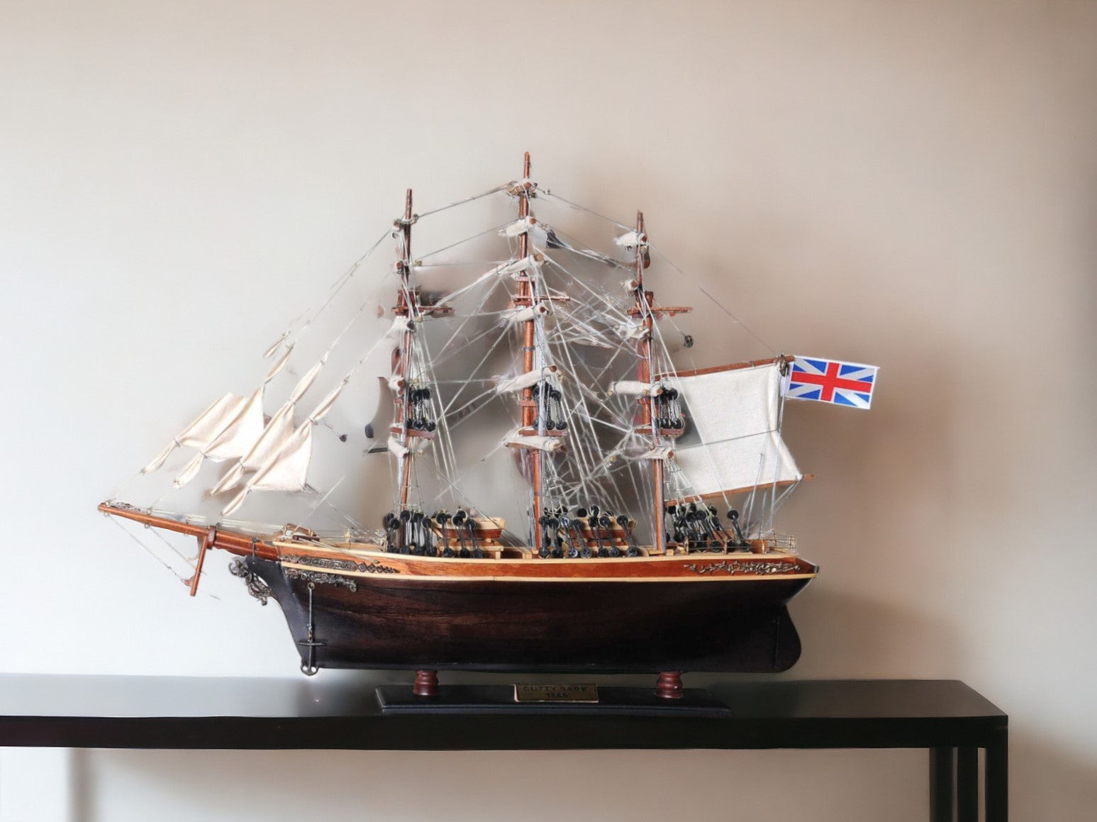 17" Brown Wood and Metal Hand Painted Cutty Sark Model Boat Tabletop Sculpture-Sculptures-DECOROLALA