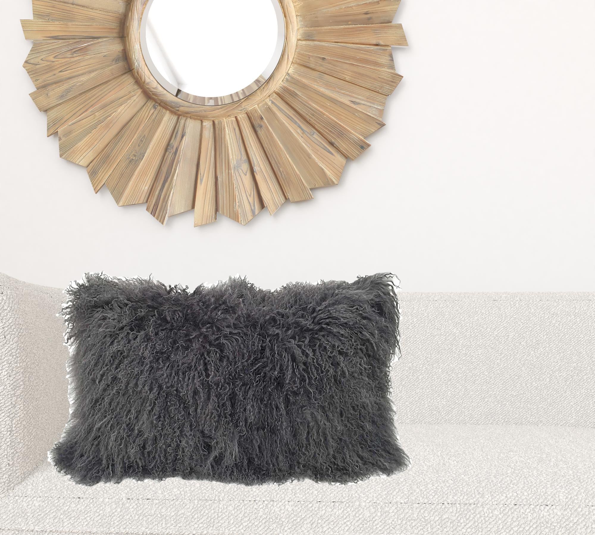 17" Charcoal Genuine Tibetan Lamb Fur Pillow With Microsuede Backing-Accent Throw Pillows-DECOROLALA
