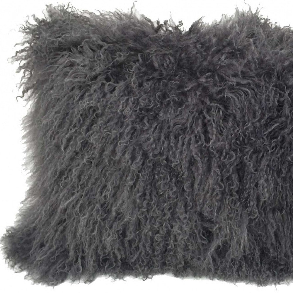 17" Charcoal Genuine Tibetan Lamb Fur Pillow With Microsuede Backing-Accent Throw Pillows-DECOROLALA
