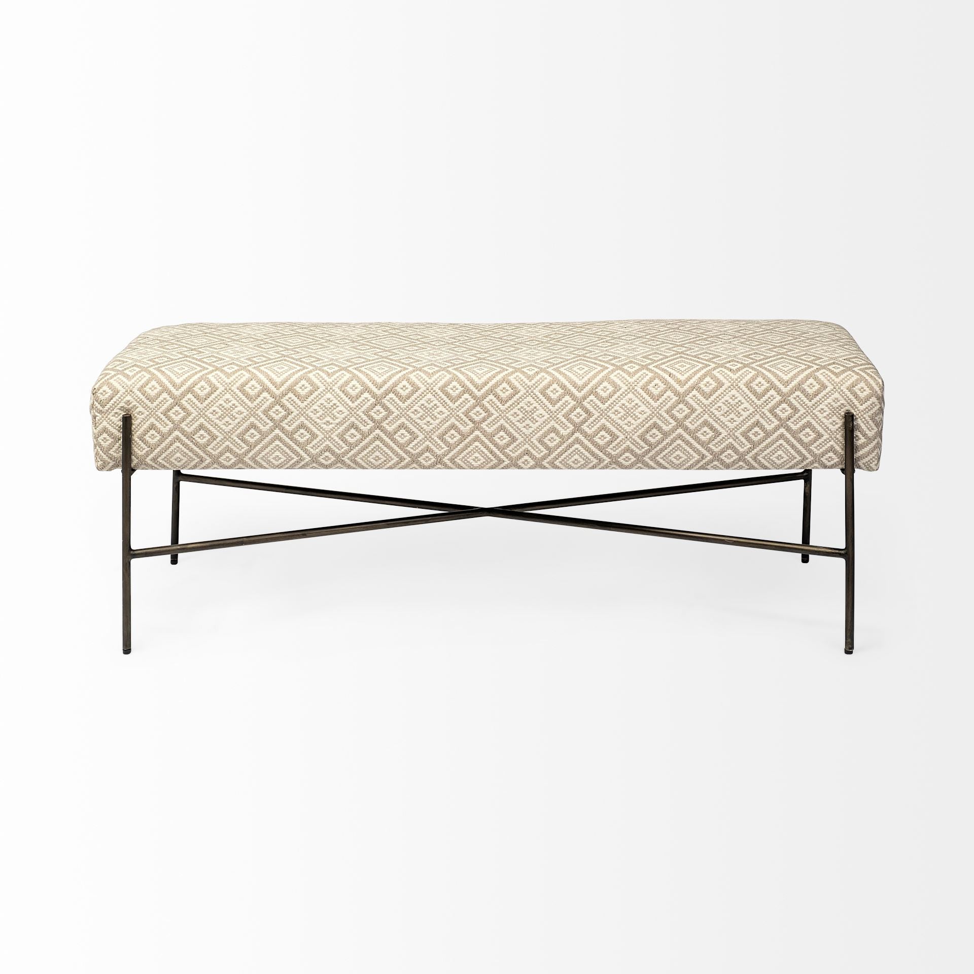 17" Cream and Black Upholstered Cotton Blend Geometric Bench-Benches-DECOROLALA