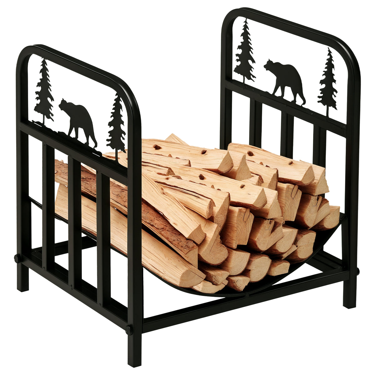 17" Curved Firewood Rack - Bear and Pine Tree Steel Log Holder-Firewood Racks-DECOROLALA