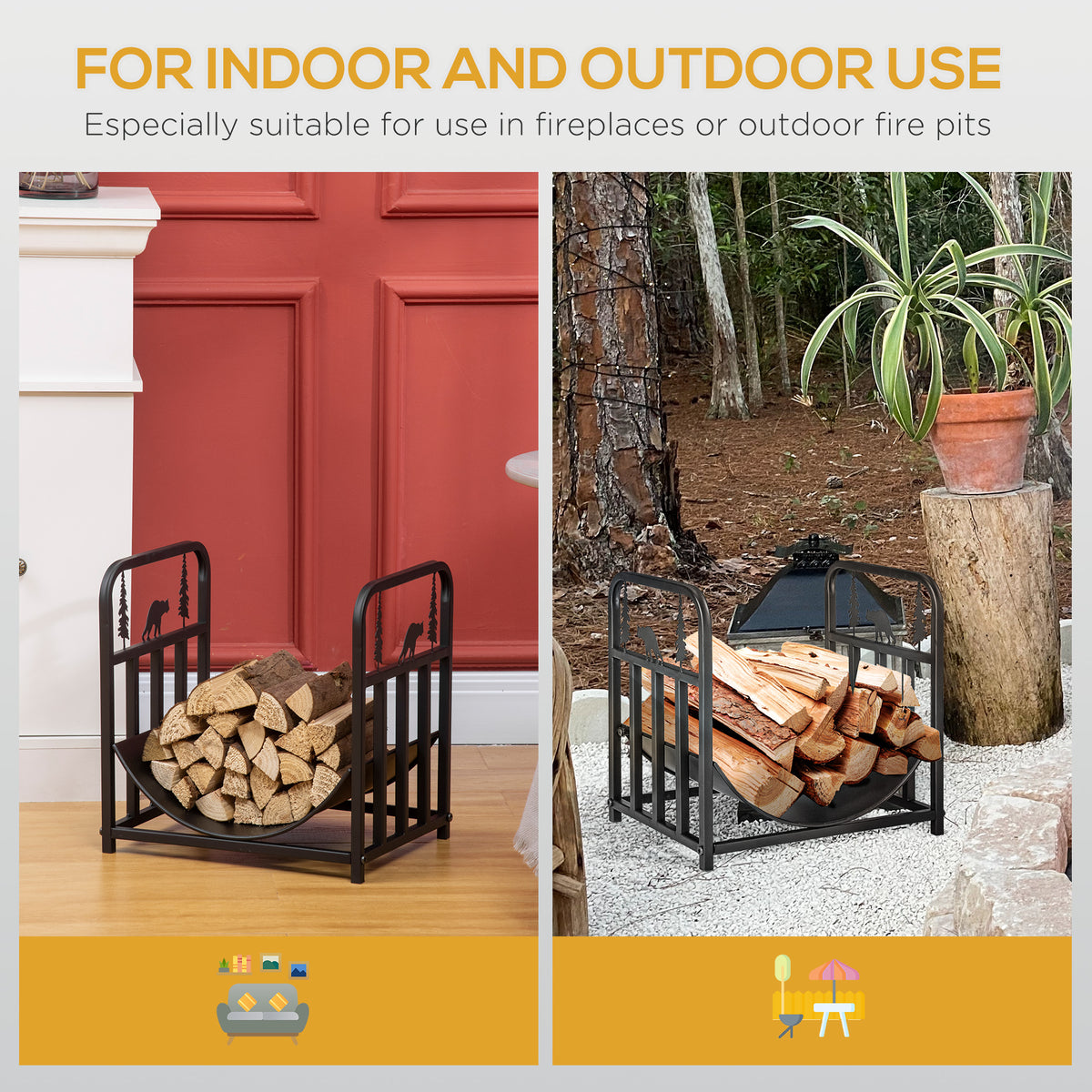 17" Curved Firewood Rack - Bear and Pine Tree Steel Log Holder-Firewood Racks-DECOROLALA