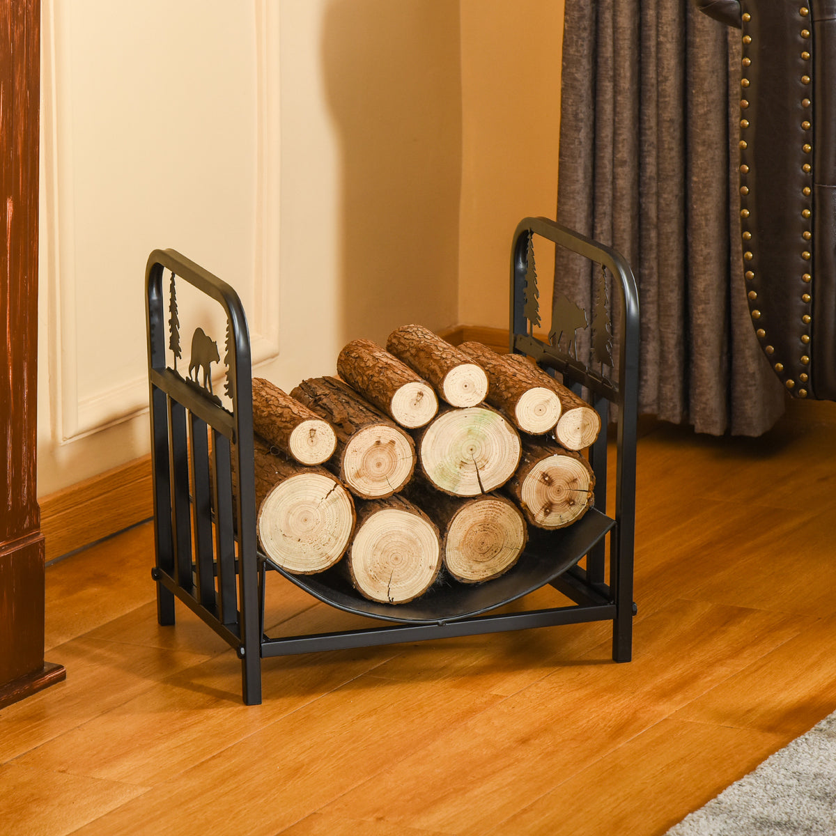 17" Curved Firewood Rack - Bear and Pine Tree Steel Log Holder-Firewood Racks-DECOROLALA
